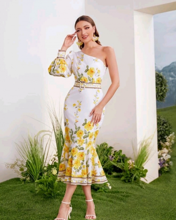 One shoulder floral print belted dress